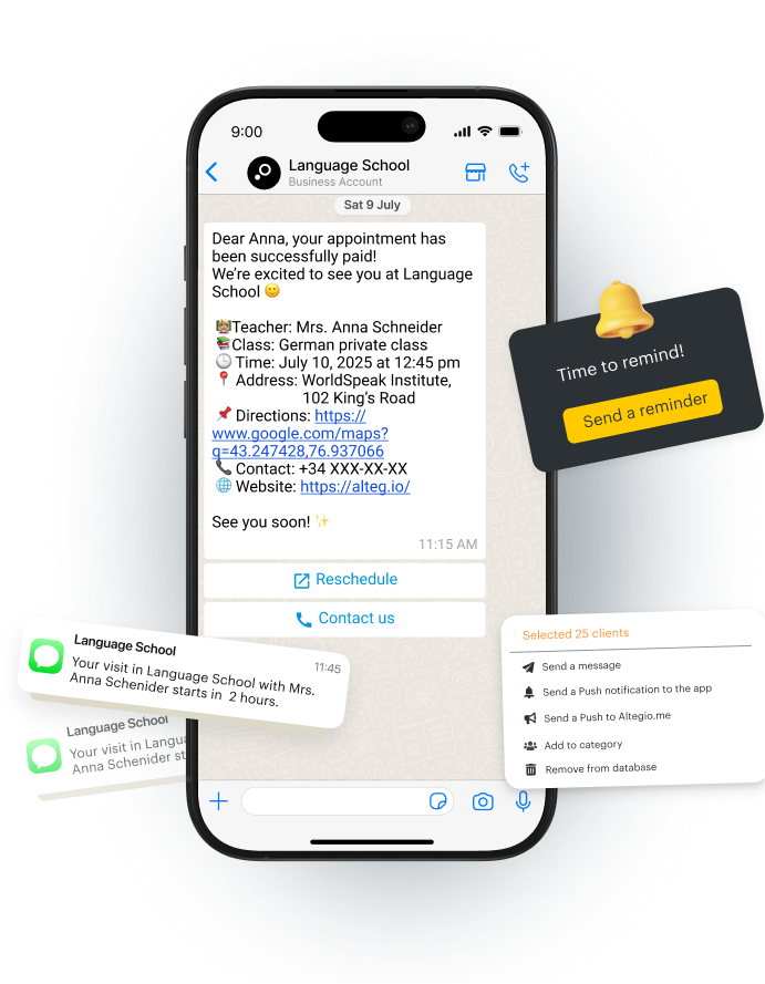 Chat interface showing appointment details for a language class with reminders.